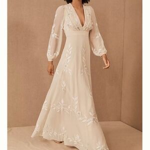 BHLDN Belize Embroidered A-Line Long-Sleeve V-Neck Gown